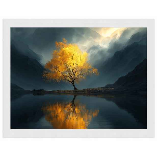 Plakát Rámeček Dřevo Zlaté Horské Dřevo Jezero Mlha Odraz 80x60