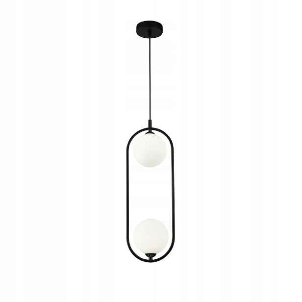 Závěsná lampa lustr vertikální černá 2 skleněné bílé koule Maytoni