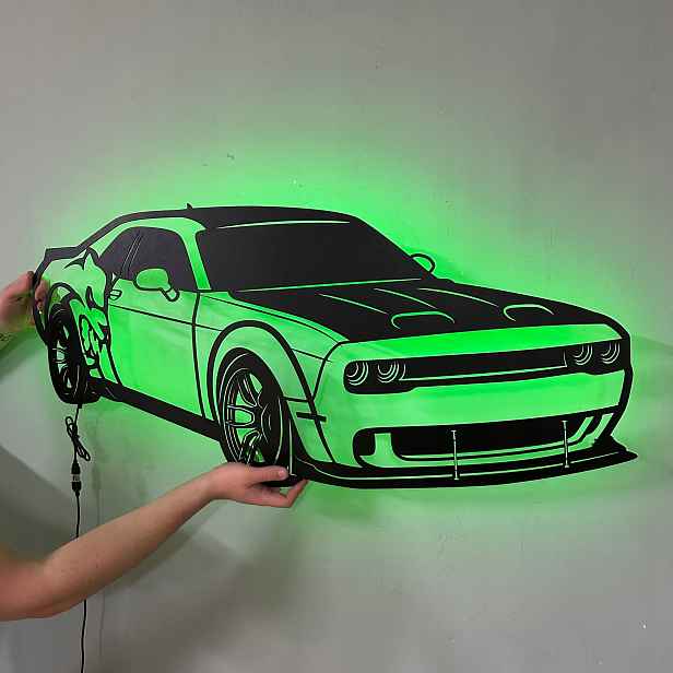 Dodge Challenger Vapor Velký dřevěný 3D obraz Dárek Noční Lampa Led XL