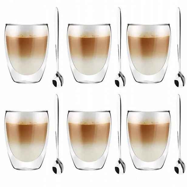 Sada 6 termosklenic na kávu 250 ml Malachit s lžičkami na latte