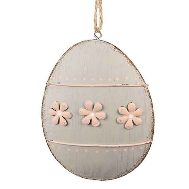 Šedé antik plechové závěsné vajíčko s květy - 10*2*8 cm Clayre & Eef