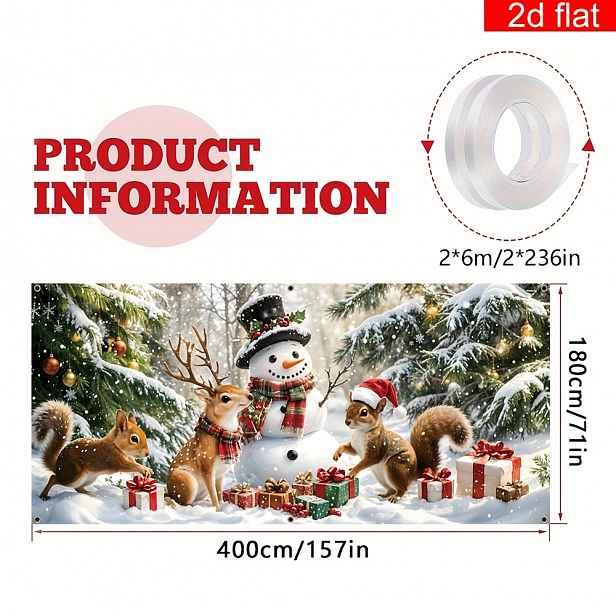 TEMU 2D Dveřní Banner, 2D Plochý Banner, 1 ks Vánoční Garážový Banner, Polyester, Světlý a Odolný, Sněžné Zvířata a Sněhulák Velký Nástěnný Dekorační