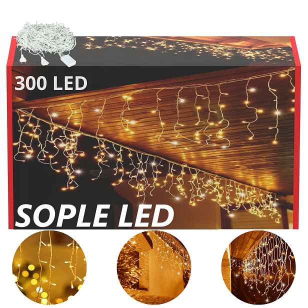 Vánoční Rampouchy Teplá Bílá 300LED 12m 8 Režimů +dárek Světýlka Žlutá