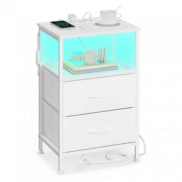 Bílý noční stolek s LED, USB a zásuvkami, 39,6x30x60,4 cm