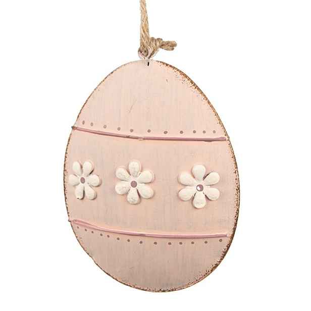 Růžové antik plechové závěsné vajíčko s květy - 10*2*8 cm Clayre & Eef