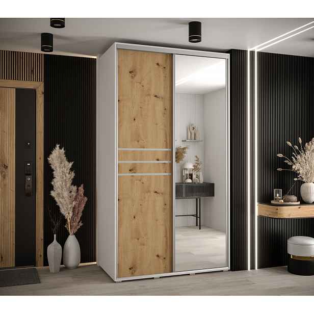 Šatní skříň YVONA 11 - 130/60 cm, bílá / dub artisan / stříbrná