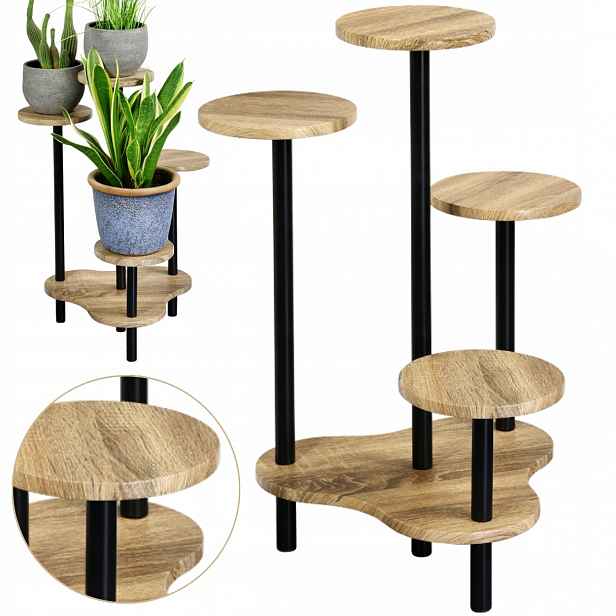 Stojací Květináč 4 Úrovně Loft Dub A Černý Kov 64,5 cm na květiny květináče