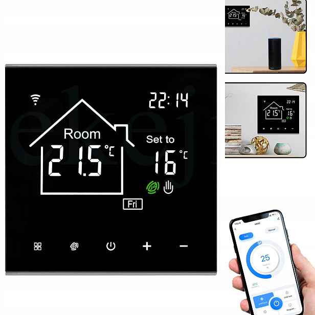 16A Wifi Termostat do pokoje, černý, s LCD displejem