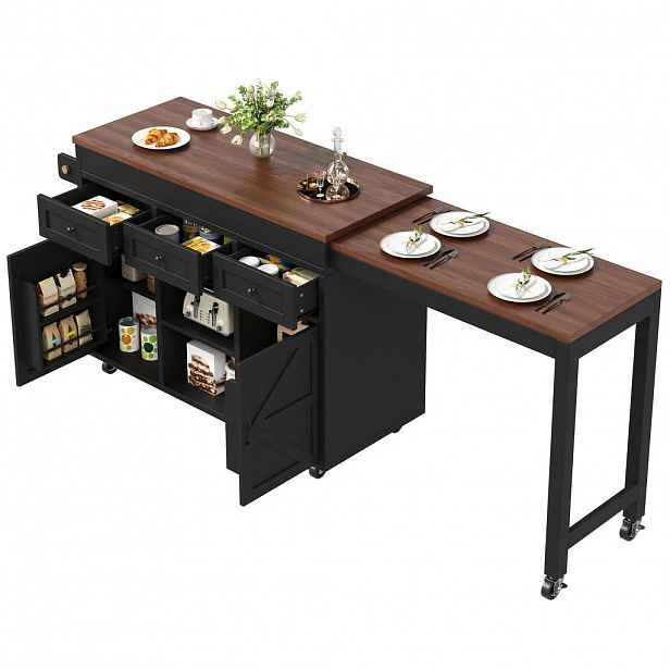 STILVORA KUCHYŇSKÝ VOZÍK bílý, otočný barový stůl 360° se zásuvkami, 131,5–210×40×75,5 cm