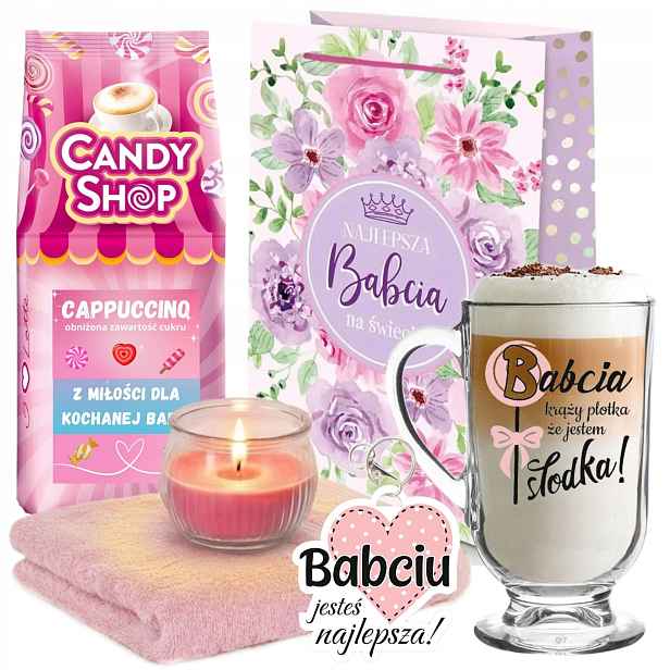 Dárek ke Dni babiček, Sklenice Mokate Ručník Svíčka Kabelka Set