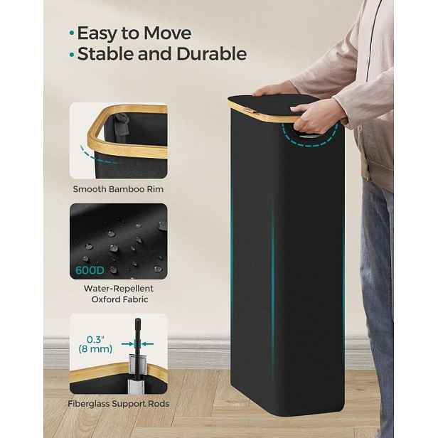 Úzký koš na prádlo 65 l, černý, bambusový okraj