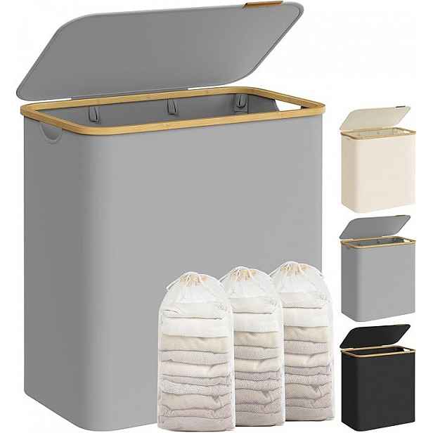 Koš na prádlo 150L se 3 přihrádkami, šedý, bambusový rám