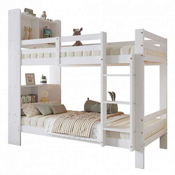 STILVORA ETAGENBETT 90/200 cm & 90/200 cm in Weiß mit Regalen und Leiter