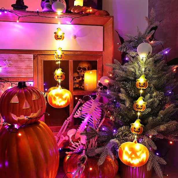 Halloweenské Světelné Řetězy Na Okno 2 Ks Dýně Led Teplá Bílá Na Baterie Podzimní