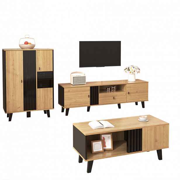 Redom TV stolek 170/40/50,5 cm s dvěma dvířky, zásuvkou a úložným prostorem, Přírodní