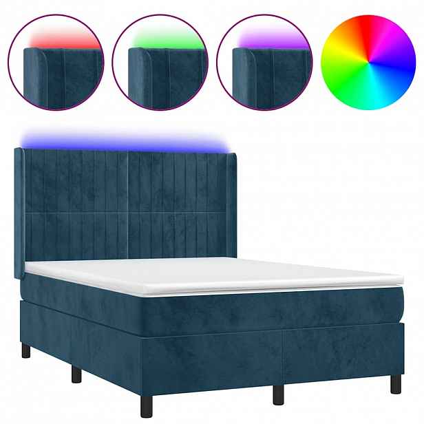 vidaXL Box spring postel s matrací a LED tmavě modrá 140x190 cm samet