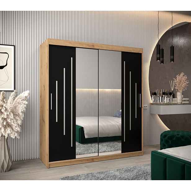 Šatní skříň se zrcadlem EWEHEDVIKA - šířka 180 cm, dub artisan / černá