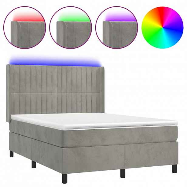 vidaXL Box spring postel s matrací a LED světle šedá 140x200 cm samet