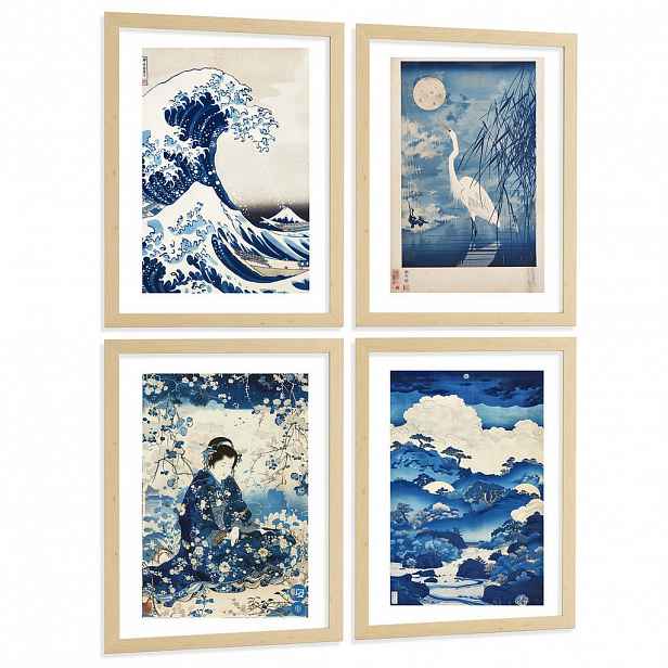 Nacnic PLAKAT Sada 4 Japan Blue A4 Lehký dřevěný rám