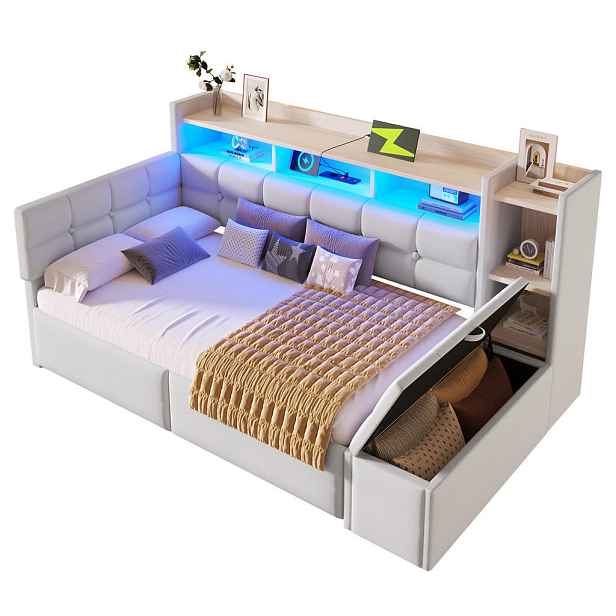 FLIEKS DENNÍ POSTEL 90x190cm Samet Zásuvky USB LED Bílá
