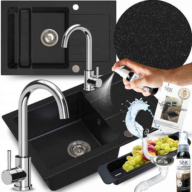 Set Granitový Dřez Černý Kropenatý S Baterií Sifon Odkapávač