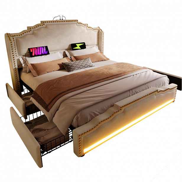 Modfu ČALOUNĚNÁ postel ze sametu 160x200 cm béžová s LED osvětlením, USB a USB-C, 4 zásuvkami a lamelovým roštem