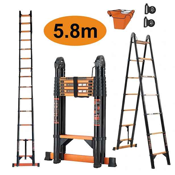 5,8m Teleskopické schůdky 2x7 příček skládací Nosnost 150 kg
