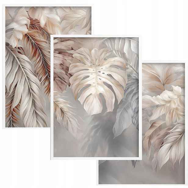 Plakáty na zeď do ložnice Sada plakátů Triptych boho Listy Béžová Ecru