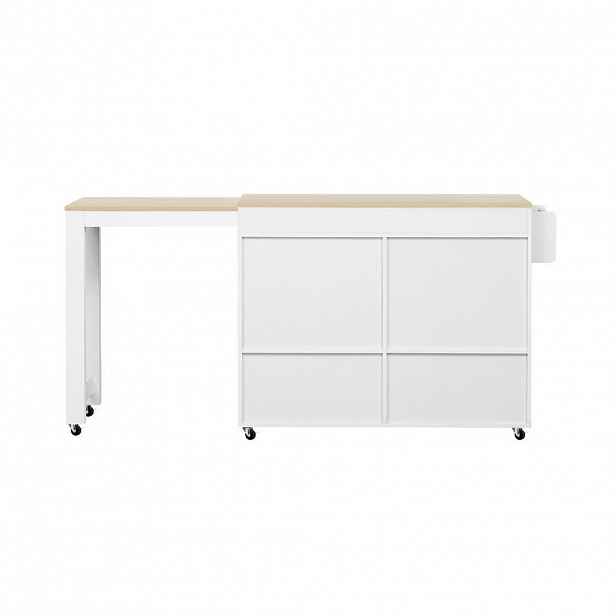 Redom KUCHYŇSKÝ ostrůvek 112-180,5/45/92,2 cm s výsuvnou pracovní deskou, zásuvkami a kolečky, bílá/přírodní