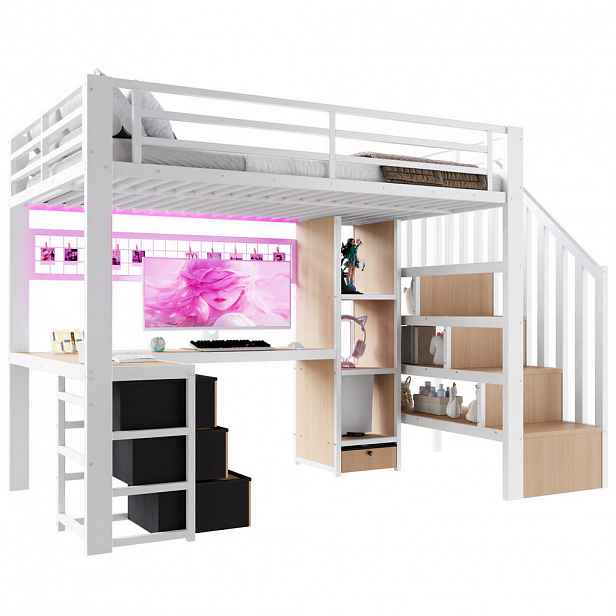 STILVORA HOCHBETT 90/200 cm in Weiß mit 4 Schubladen, LED und Schreibtisch