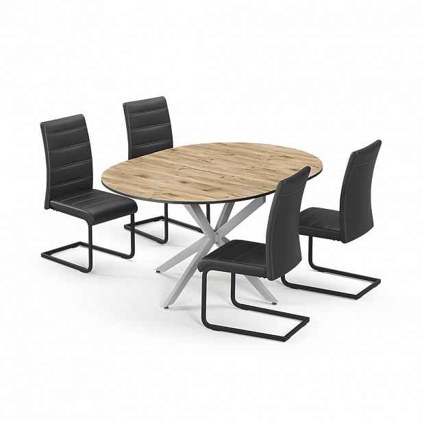 Vicco JÍDELNÍ STŮL SESTAVA Loyd, Rustikální dub/Šedá, 120 x 120 cm se 4 jídelními židlemi, černé