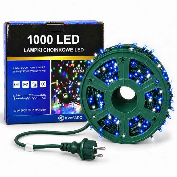 Vánoční Osvětlení Na Stromeček 1000LED Venkovní Girlanda IP44 Modrá+flash 80 M