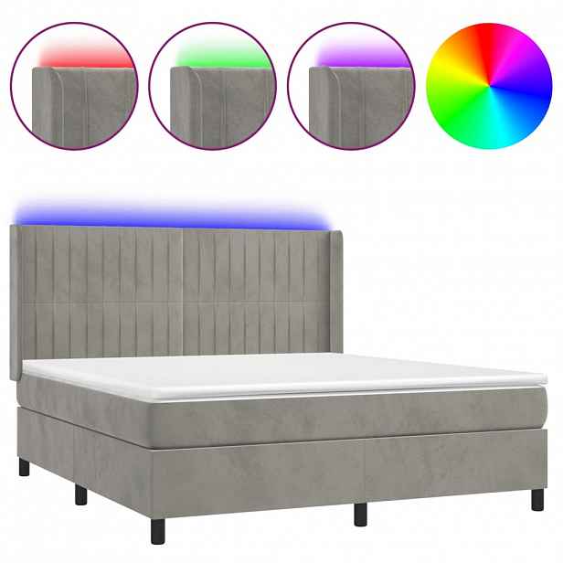 vidaXL Box spring postel s matrací a LED světle šedá 160x200 cm samet
