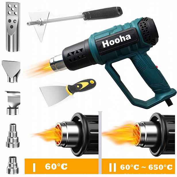 Horkovzdušná Pistole Elektrická Silná 2 Rychlosti Regulace 600°C 2000W 5 Trysky LCD 230V