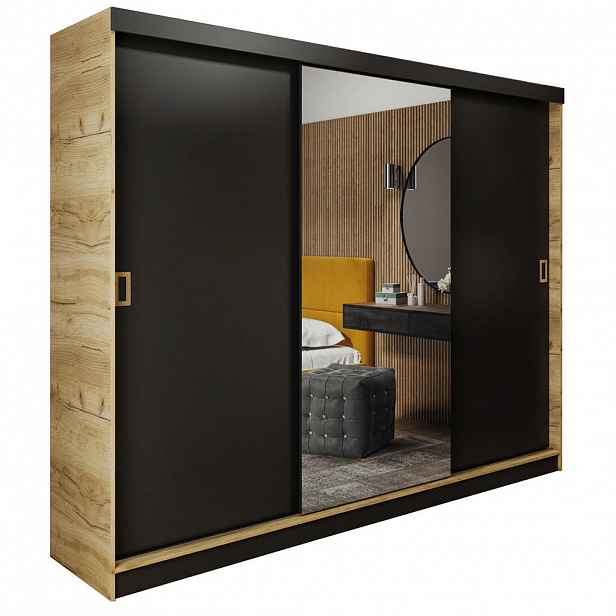 Kier Furniture POSUVNÁ ŠATNÍ SKŘÍŇ RETRO 1 200 - Dub Craft & Černá 200x205x59cm