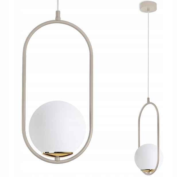 Závěsná Stropní Lampa Lustr Bílá Skleněná Koule Béžový Ring Kašmír 15 CM