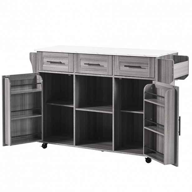Redom KUCHYŇSKÝ ostrůvek 139/46(71)/91,5 cm s klopnou pracovní deskou, úložným prostorem a kolečky, Šedá