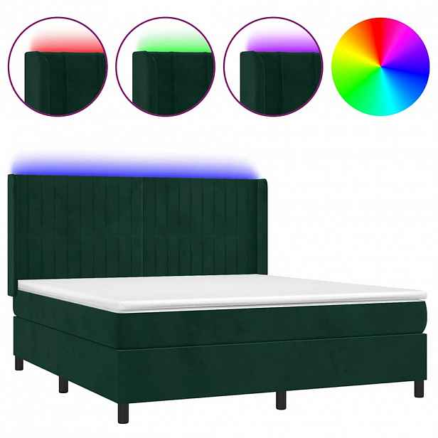 vidaXL Box spring postel s matrací a LED tmavě zelená 160x200 cm samet