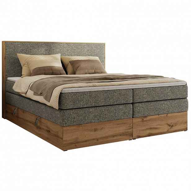 MKS POSTEL BOXSPRING WOOD CLASSIC KING 160/200 - Šedá Strukturovaná látka - H3