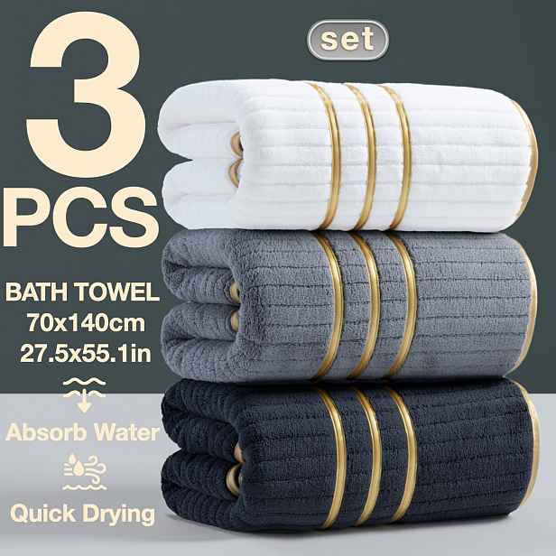 TEMU Sada 3 ks vysoce kvalitních lehce luxusních minimalistických vyšívaných osušek se zlatým lemem, 70x140 cm, pruhovaná koupelnová sada, 300 g/m²