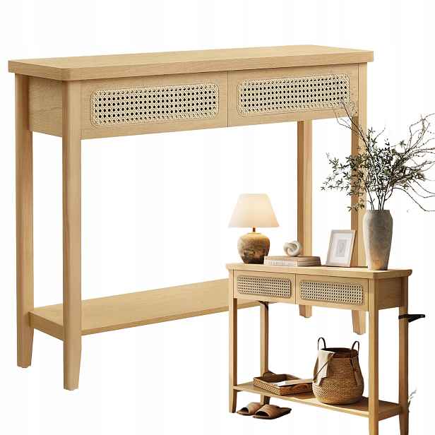 Úzký stolek Konzolový Stolek Boho do předsíně 100x80x30 Světlý dub se zásuvkami