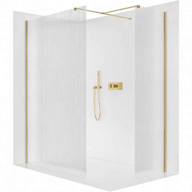Sprchová zástěna Walk-in Onyx T L/P - 8 mm - hranatá vzpěra - zlatá, rýhované sklo - 150x150x200 cm