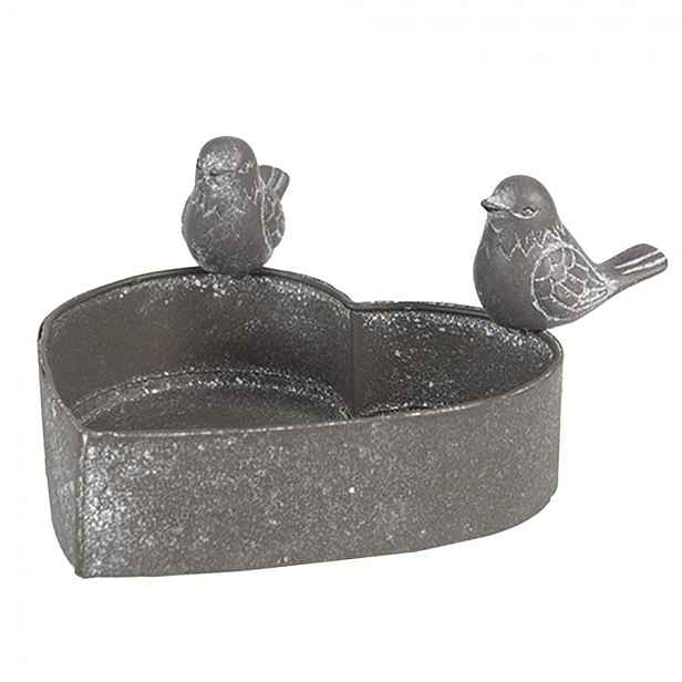 Šedý plechový květináč ve tvaru srdce s ptáčky - 14*12*7 cm Clayre & Eef