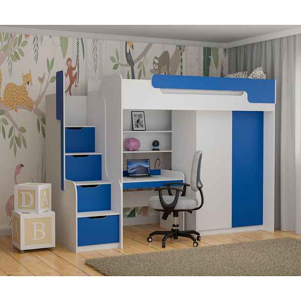 Multifunkční postel 90x200 RORA 1 - bílá / modrá