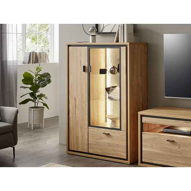 Skříňka s prosklením Flores, dub gustavson/antracit