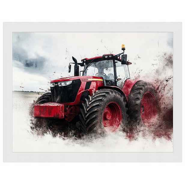 Plakát Rámeček Dřevo Červený Traktor Farma Pole Zemědělský Traktor 80x60
