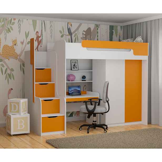 Multifunkční postel 90x200 RORA 1 - bílá / oranžová