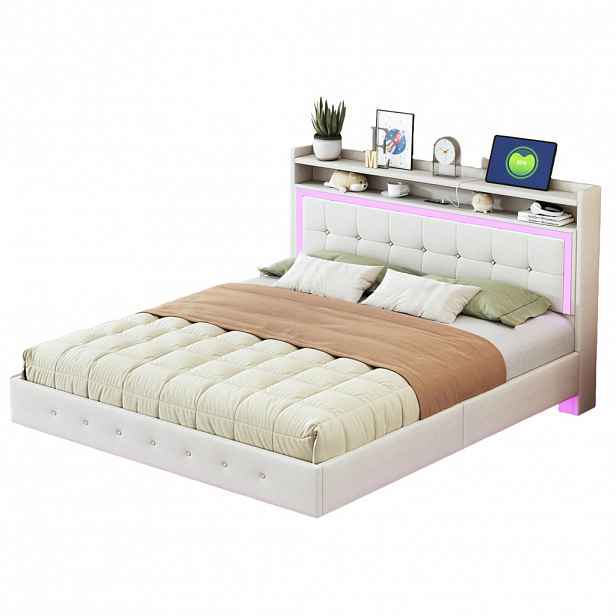 Modfu ČALOUNĚNÁ postel z lněné tkaniny 140x200 cm béžová s USB portem, LED osvětlením a skrytými nohami