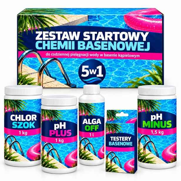 Startér 5V1 Chemie Do Bazénu Chlor Šok Ph Plus Tester Ph Minus Alga Off