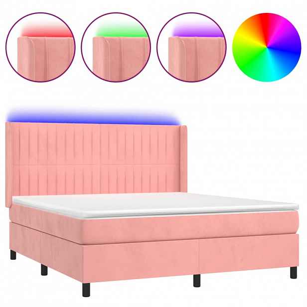 vidaXL Box spring postel s matrací a LED růžová 180x200 cm samet
